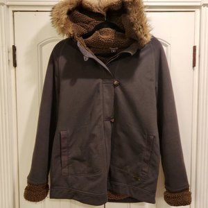 Women's Med Bold Stitching Coat Jacket Zip Sherpa Lined Hood Faux Fur Mountainy